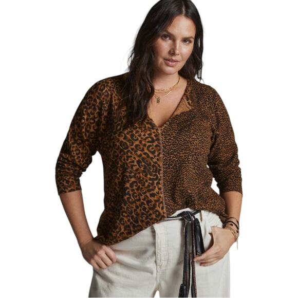 Anthropologie Pilcro Animal Cheetah Leopard Print Split Neck Thermal Top Large - Picture 1 of 10